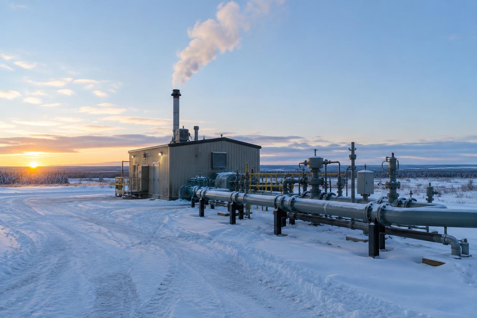 Compressor building and meter run on a snowy lease at dawn